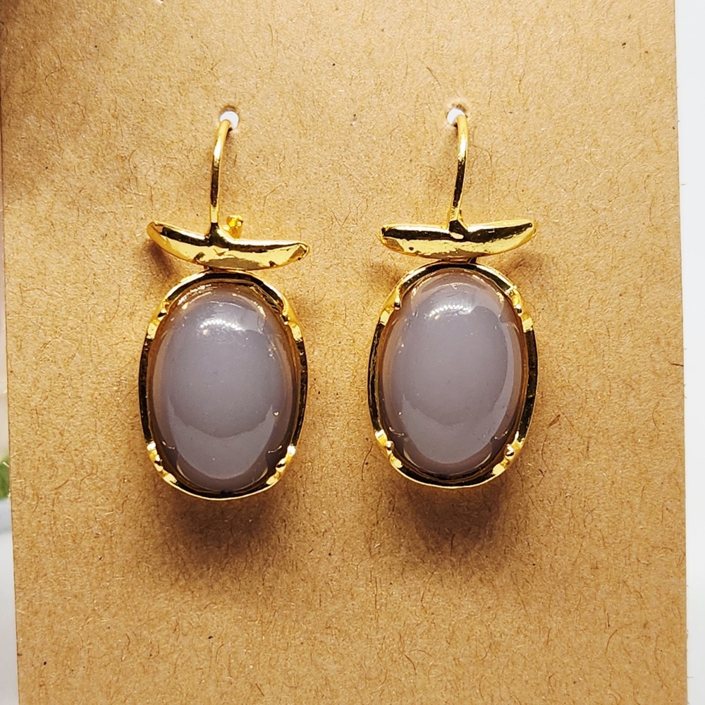 Gold Tone Oval Grey Cabochon Drop Hook Earrings Minimalist Modern Style